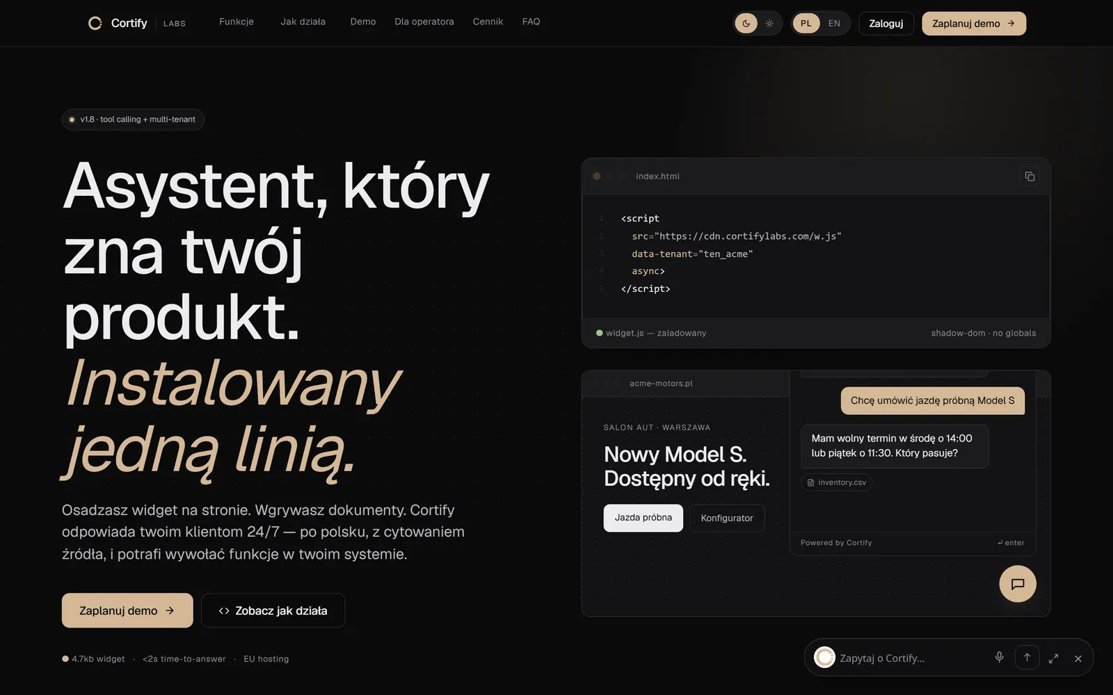 Strona główna Cortify Labs: kod instalacji widgetu i podgląd czatu