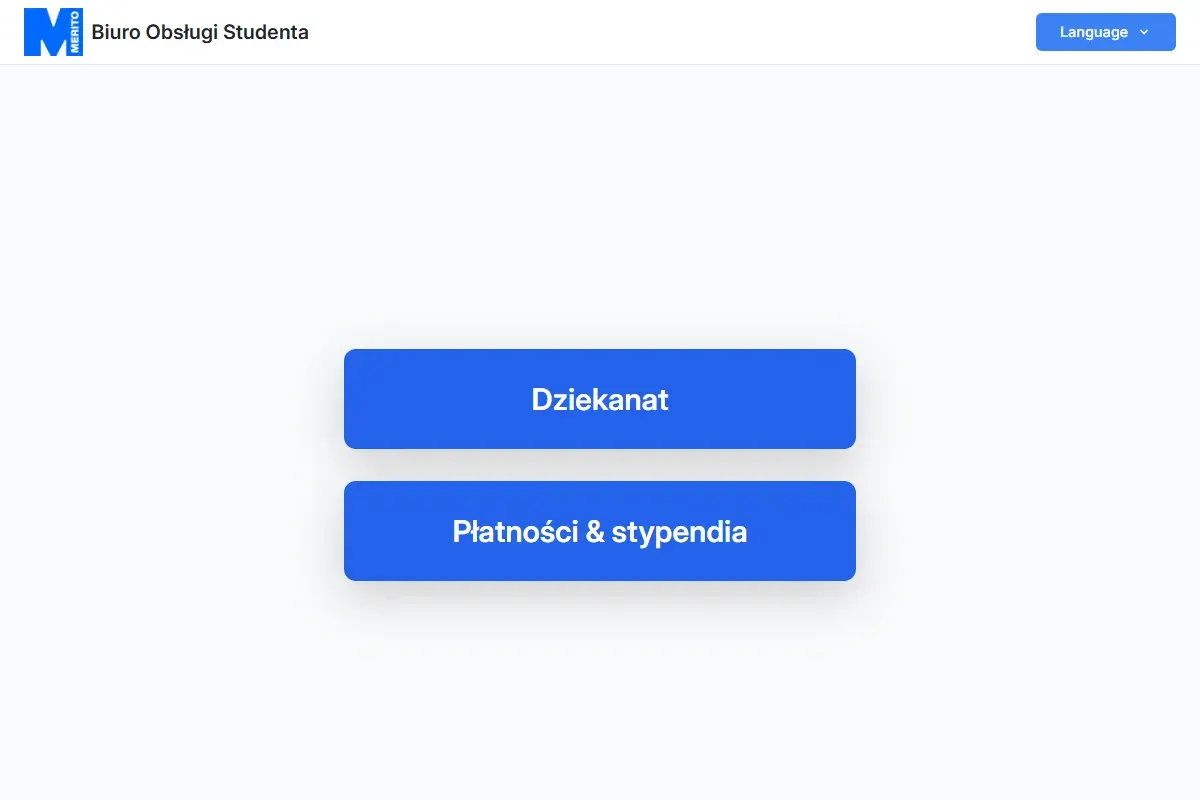 Ekran kiosku PipeQ z wyborem sprawy: Dziekanat lub Płatności i stypendia